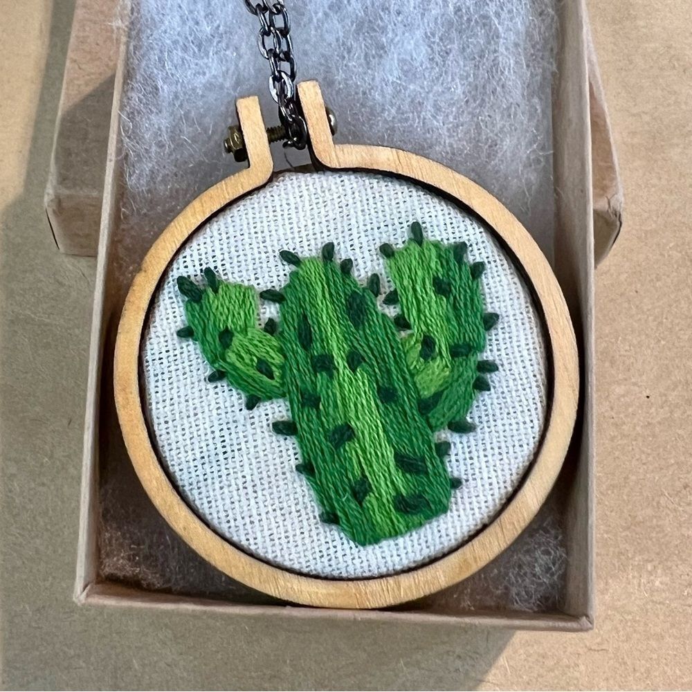 Embroidered Green Cactus Pendant - handmade